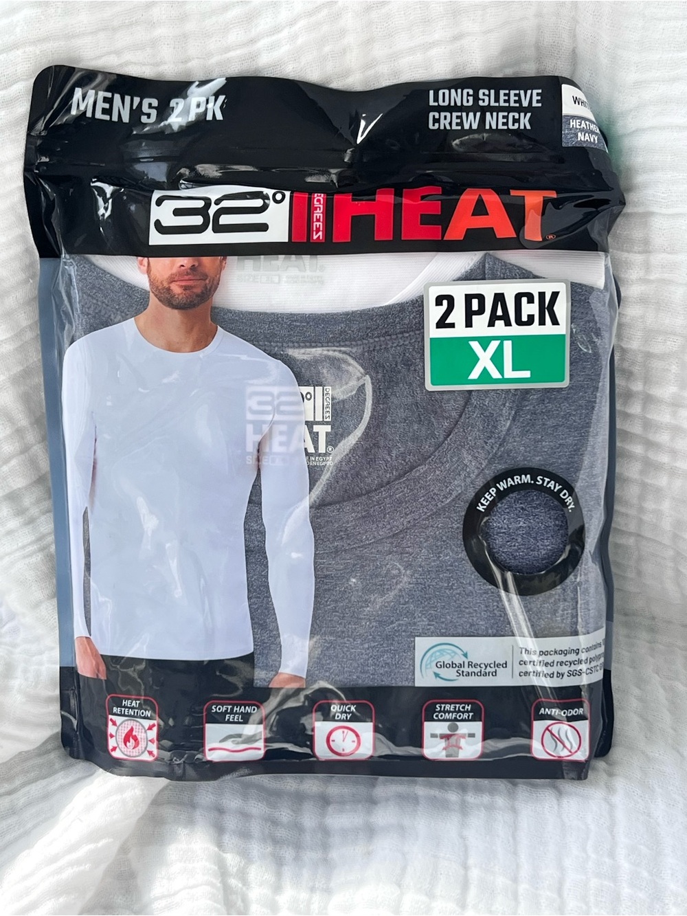32 Degrees HEAT Men's Long Sleeve Crew Neck 2-Pack - White & Heather Gray